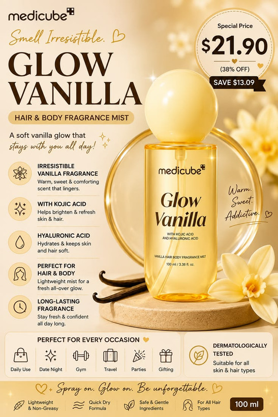 خرید میست بدن و مو وانیل و پسته مدیکیوب Glow Vanilla؛ رایحه گرم، شیرین و کرمی | لوکس بیوتی